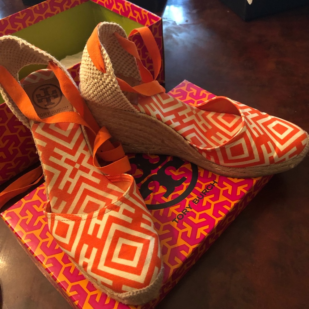 Tory Burch orange wedge espadrille